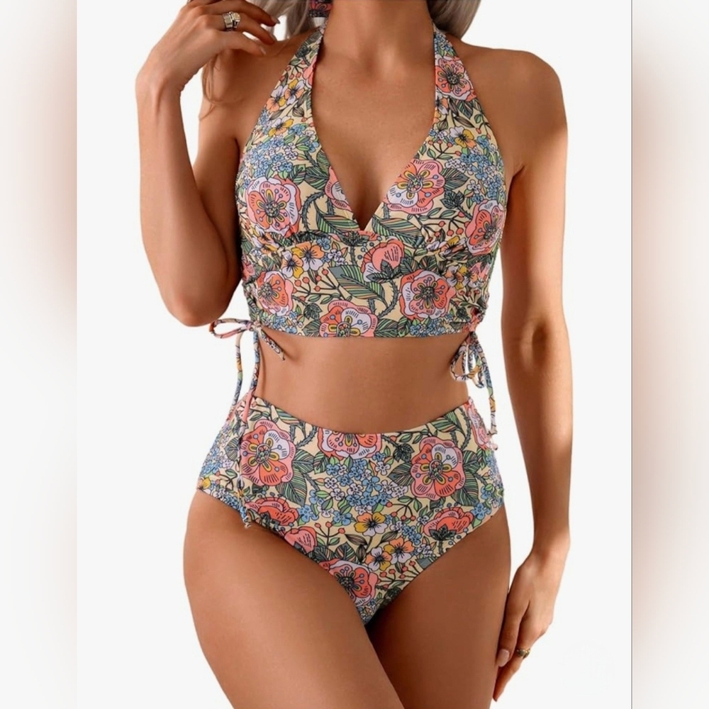 RoseSeek Tropical Floral Halter Bikini Set #1243, 1244